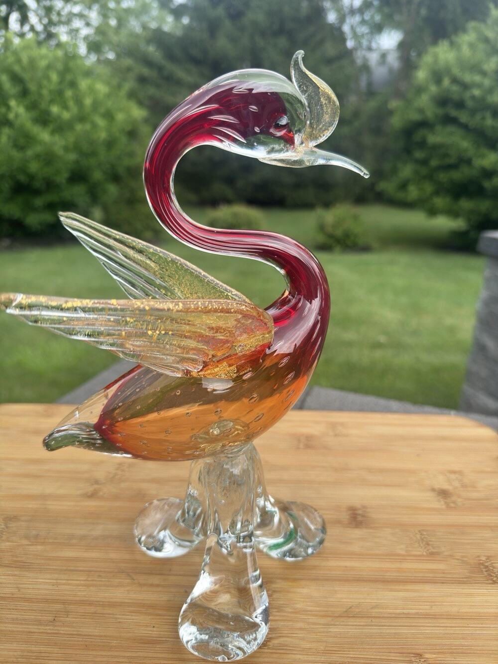 Murano Art Glass Swan Heron Bird Sculpture Red Orange Gold Flecks 10.5”
